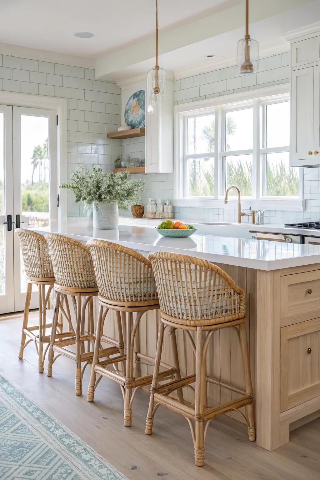 Rattan bar stools for a coastal vibe.