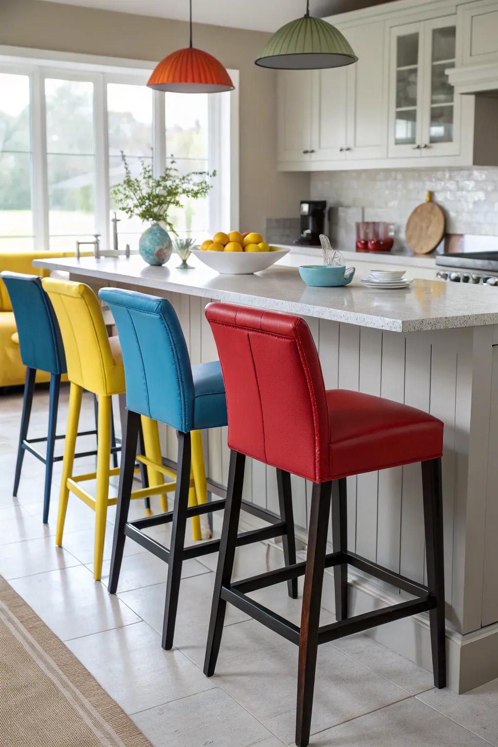 Bold accent bar stools with backs creating a statement.
