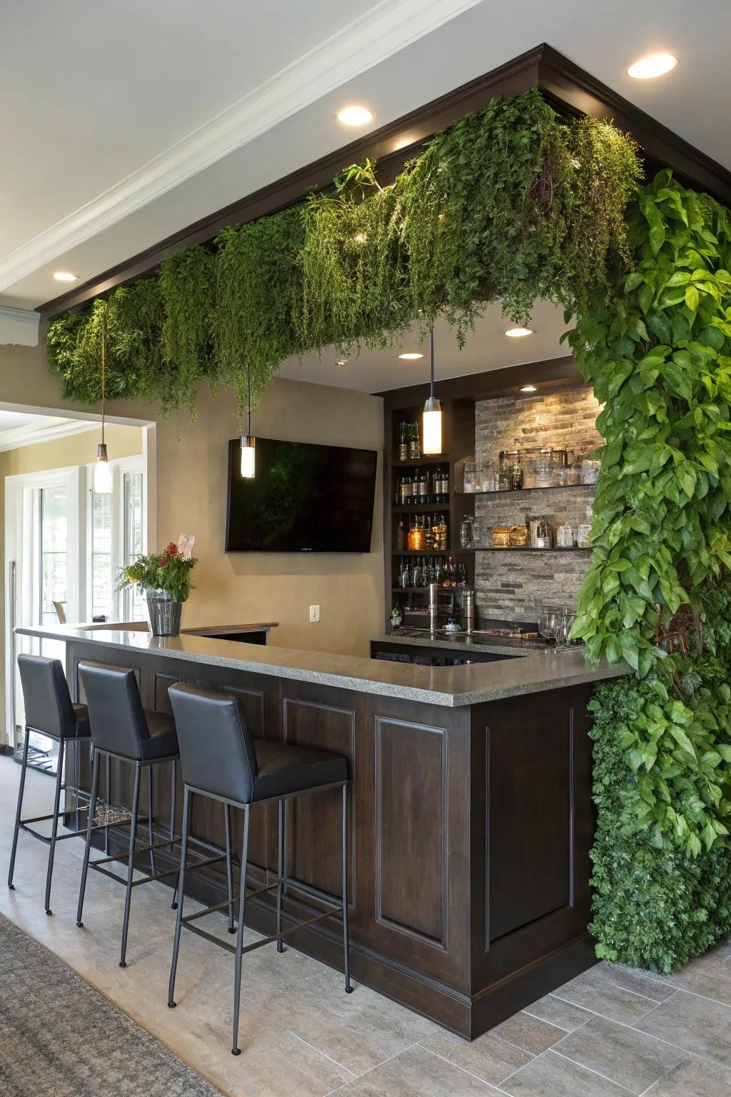 A lush vertical garden adds a refreshing natural element to your bar space.
