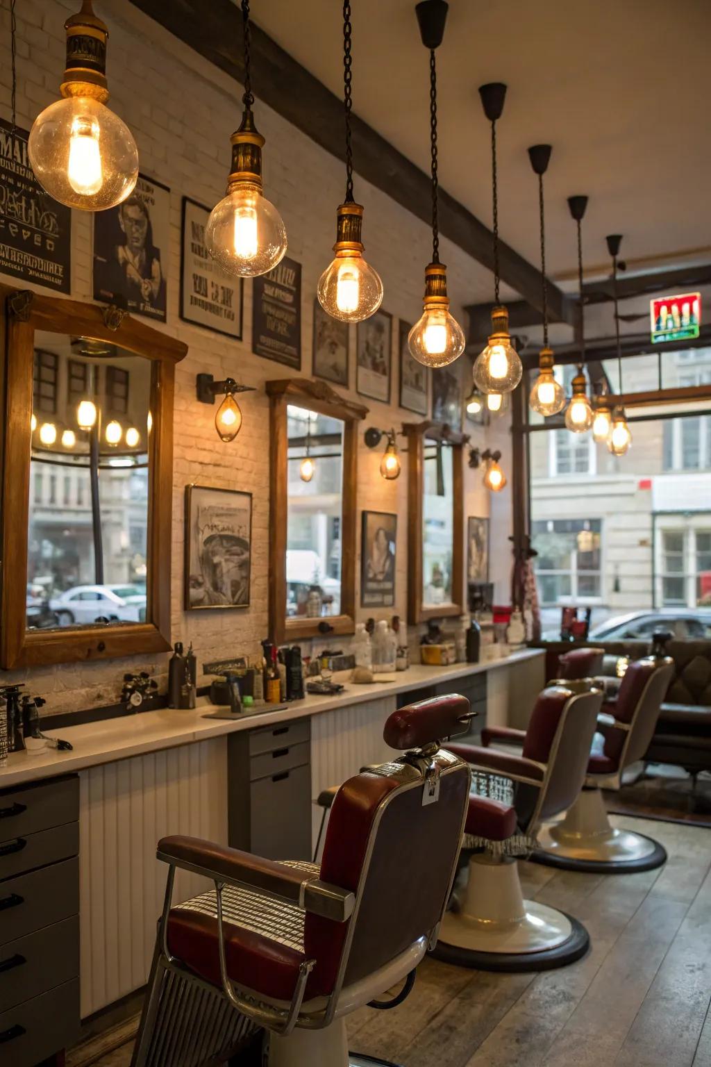 Aged lamps casting a warm and welcoming radiance within a barbershop.