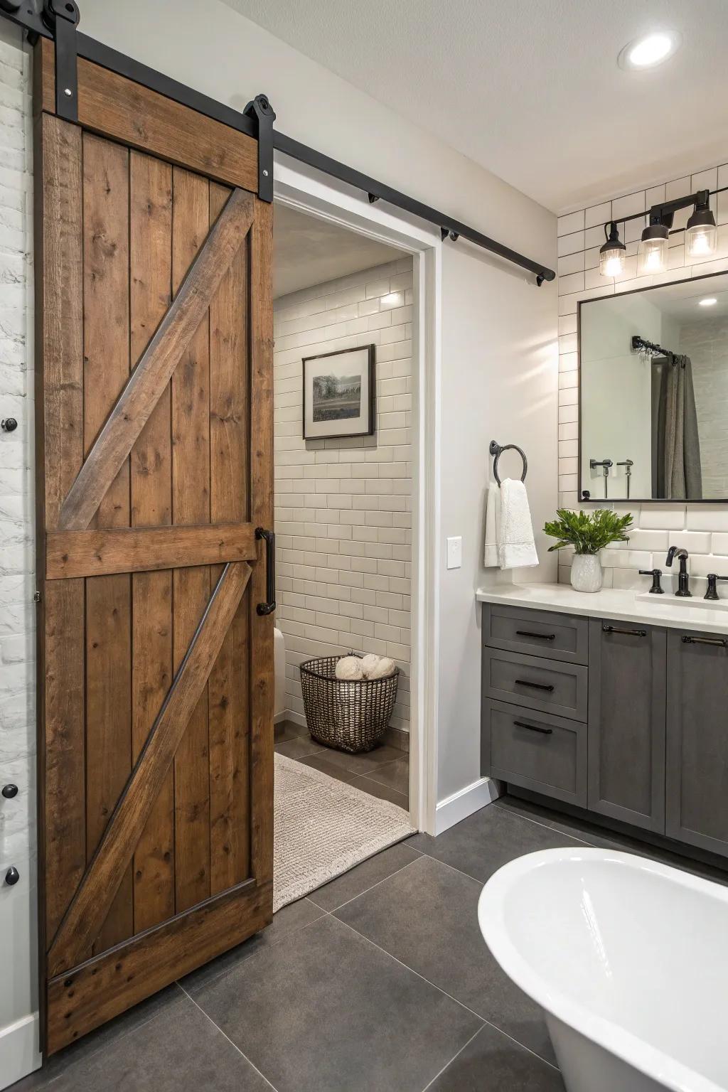 Metal accents enhance the barn door's character and style.