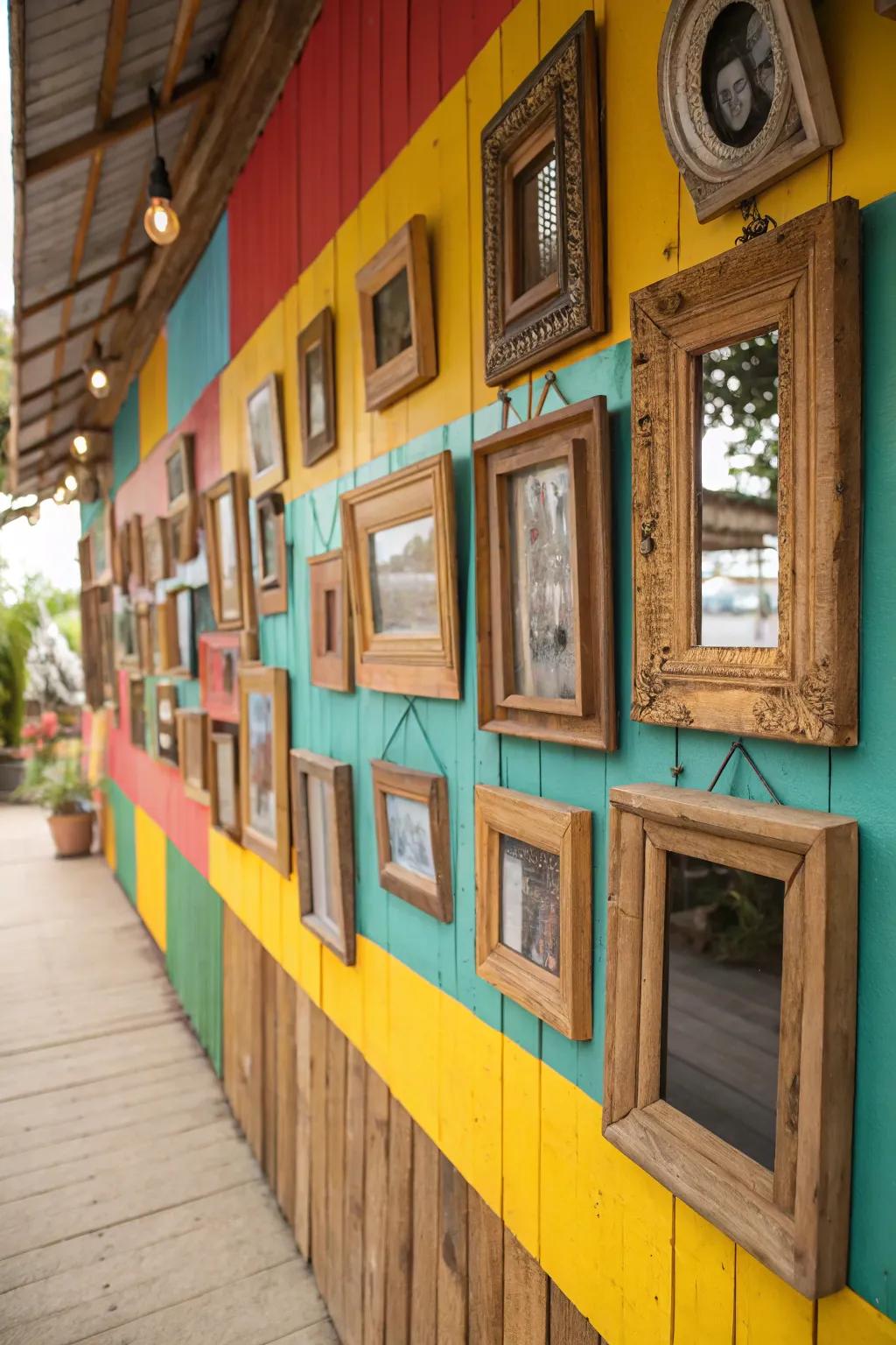 Varied reclaimed wood frames in eclectic forms.