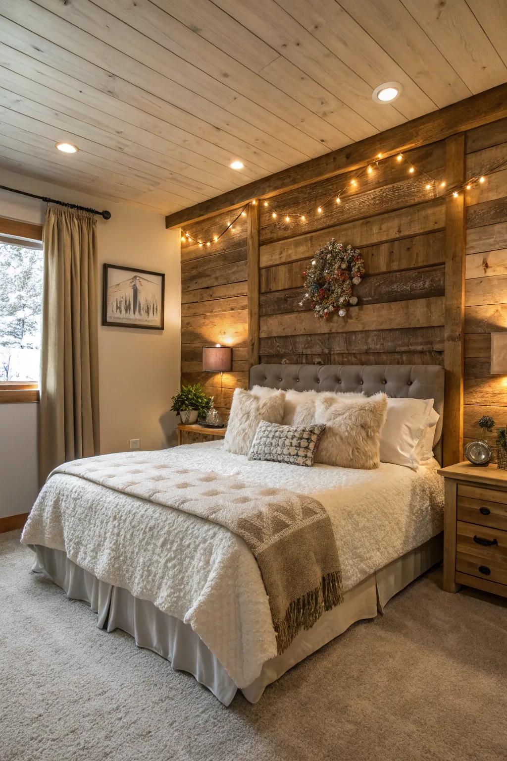 A barnwood feature wall enhancing a cozy bedroom.