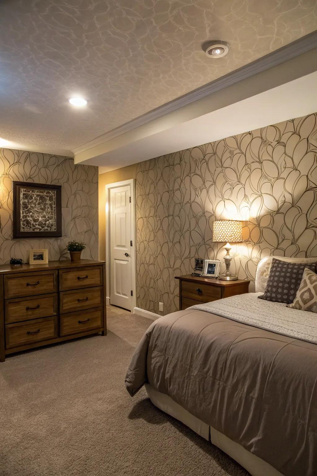 Feature walls can impart dimension and distinctiveness to windowless bedrooms.