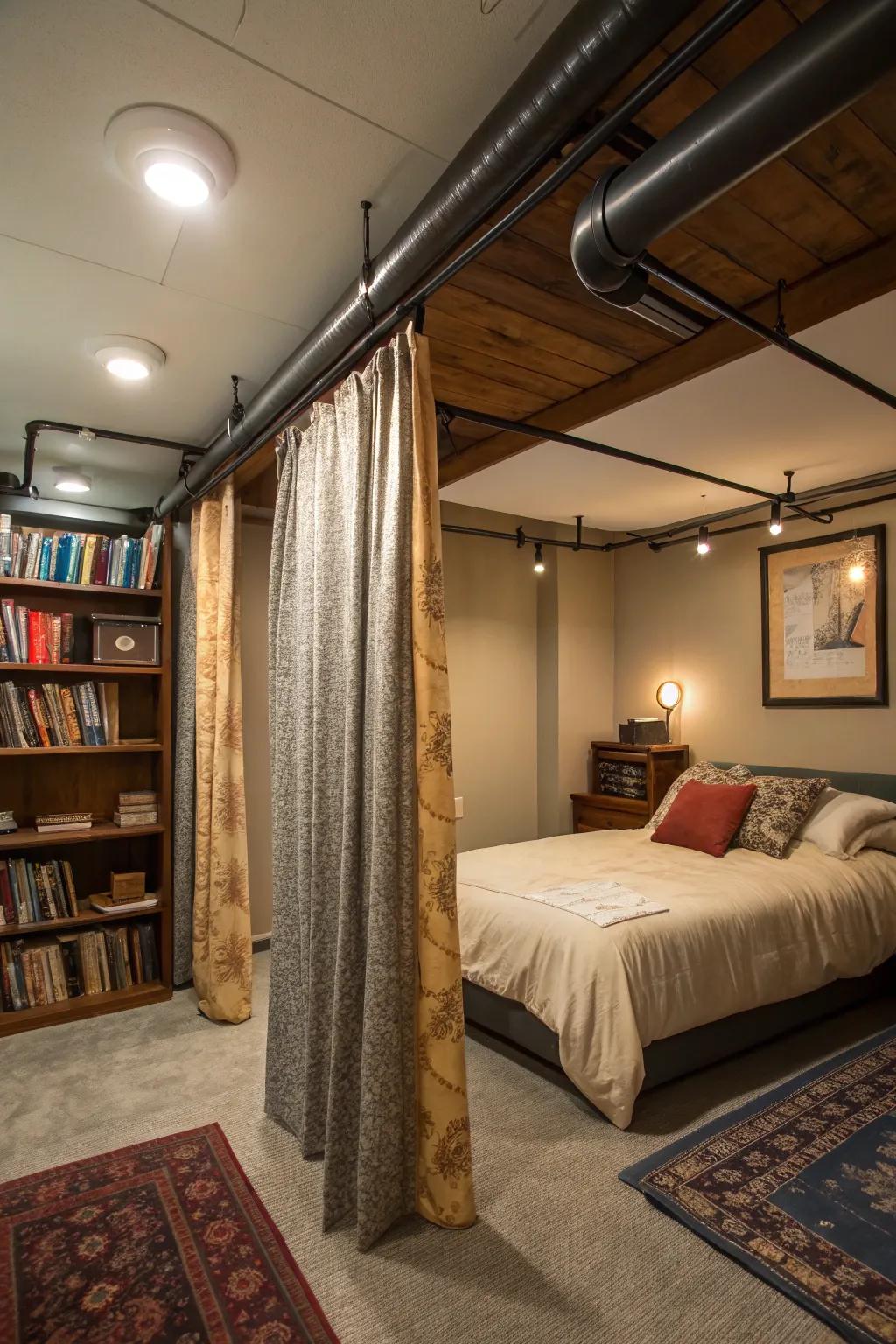 Clever use of curtains hides unattractive features in this basement bedroom.