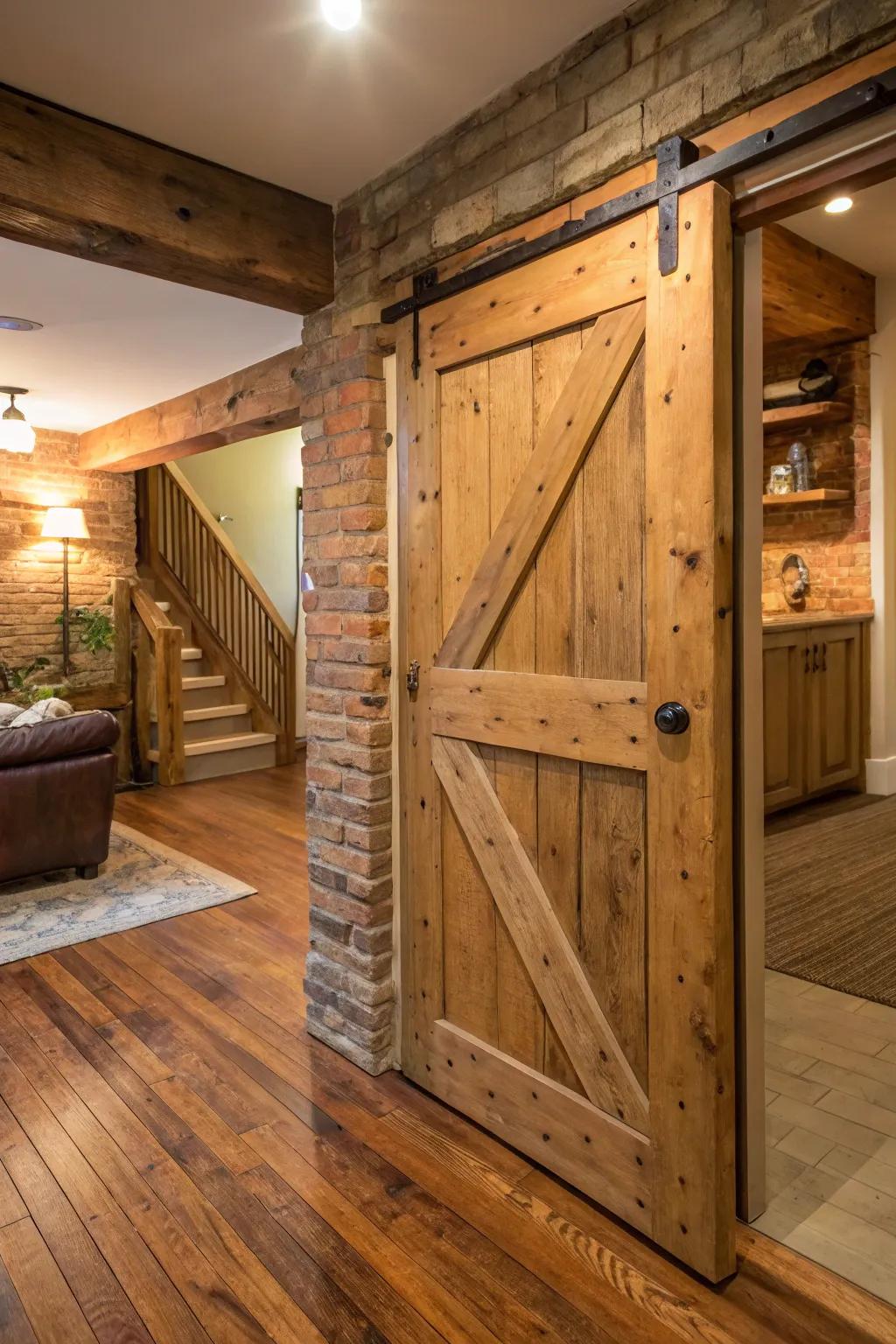 An eco-friendly basement door crafted from reclaimed wood brings warmth to the space.