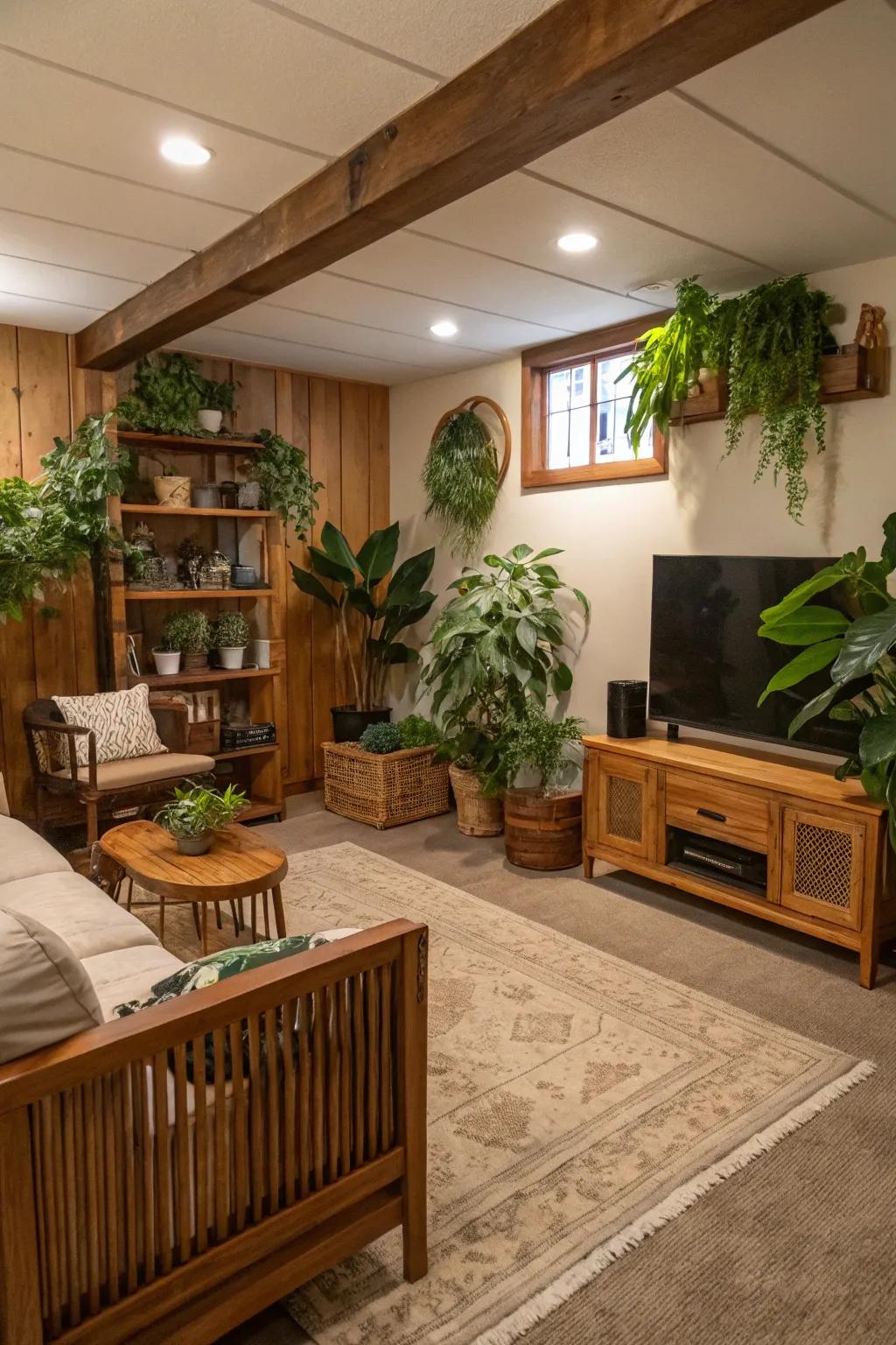 Natural elements bring life and warmth to this inviting basement area.