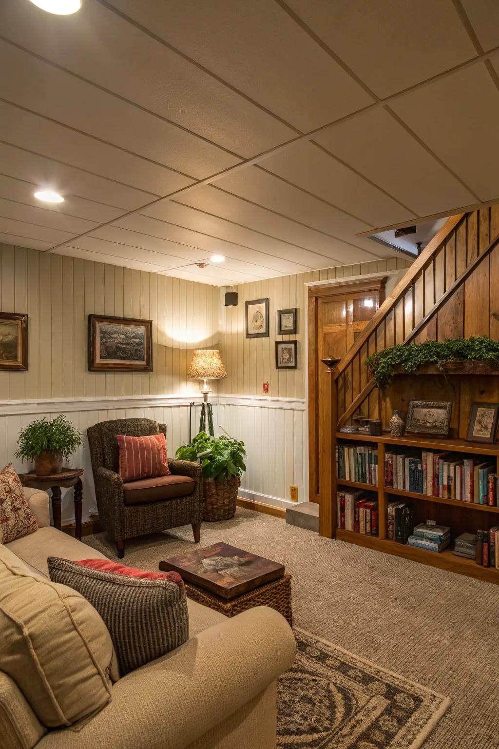 Beadboard paneling adds texture and charm to basement interiors.
