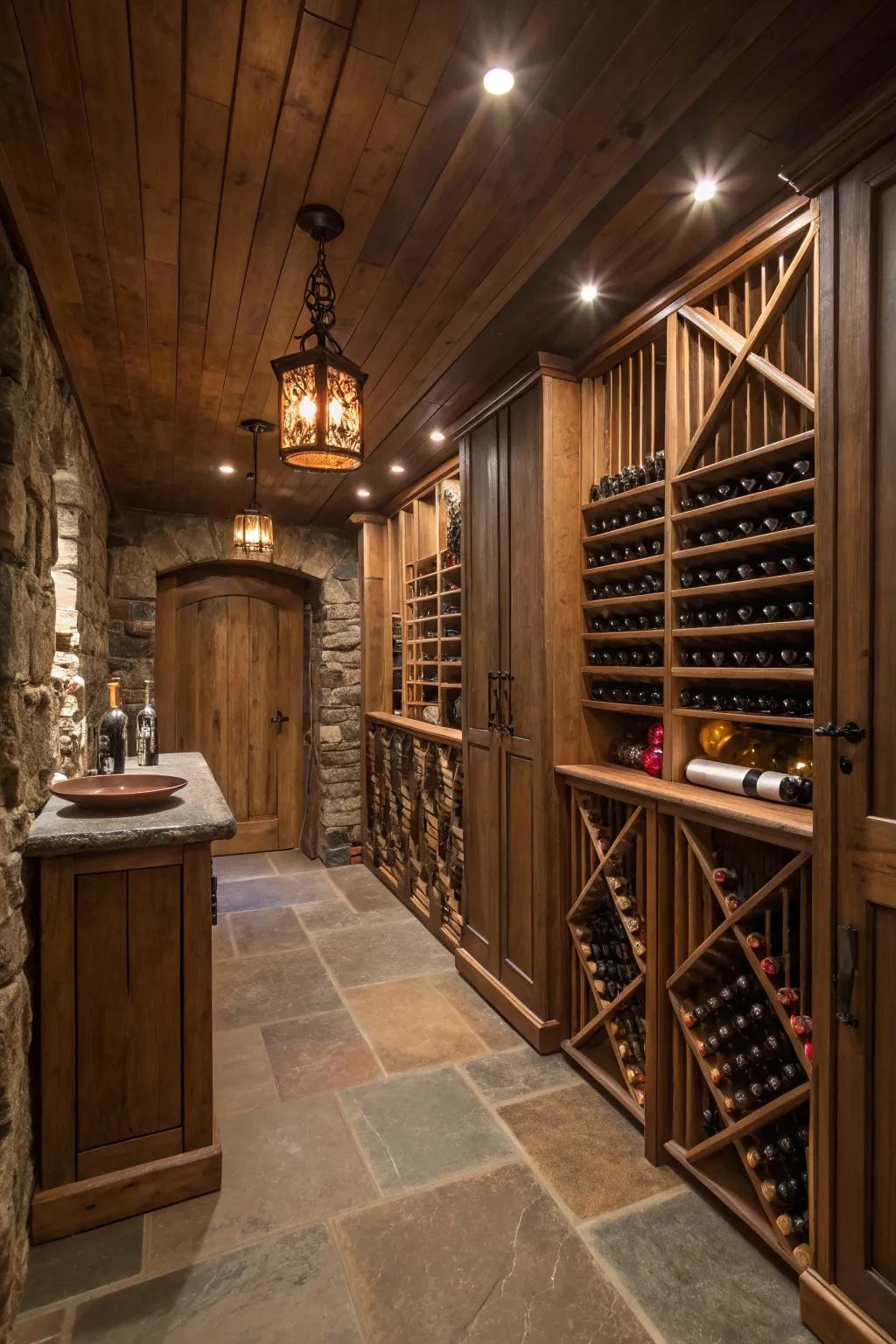 A sophisticated wine chamber is apparent in the basement, exhibiting elegant storage and sampling space.
