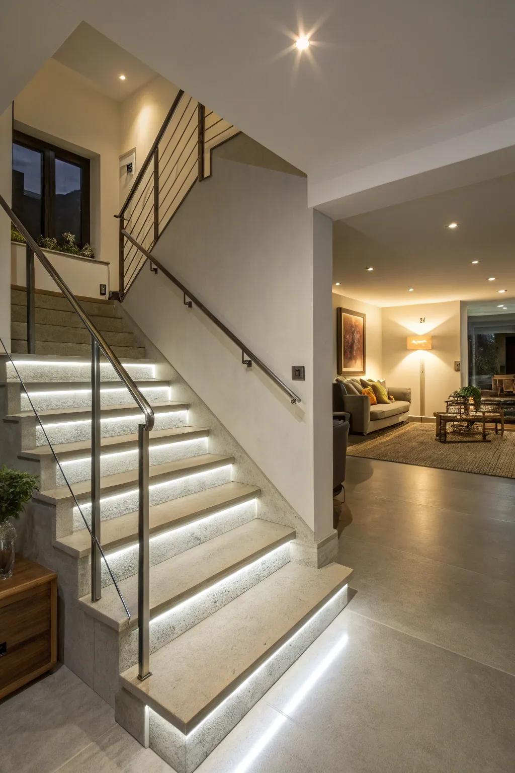 Lighting within railings enhances safety and ambiance.