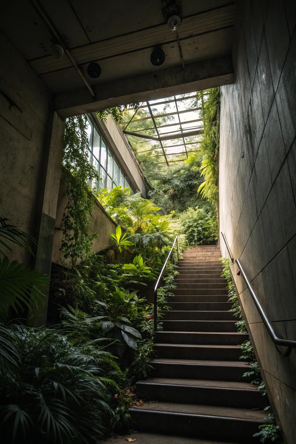 An indoor garden space alters the stairwell into a revitalizing haven.