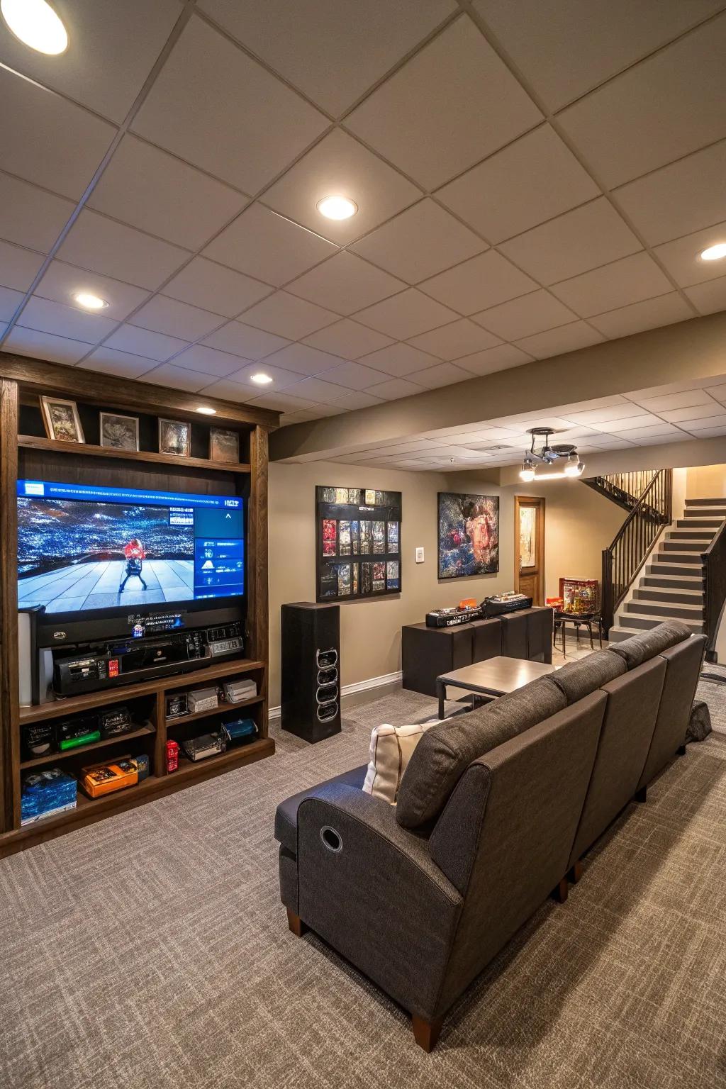 A basement TV feature with an amusement zone that encompasses a gaming area for diverse activities.