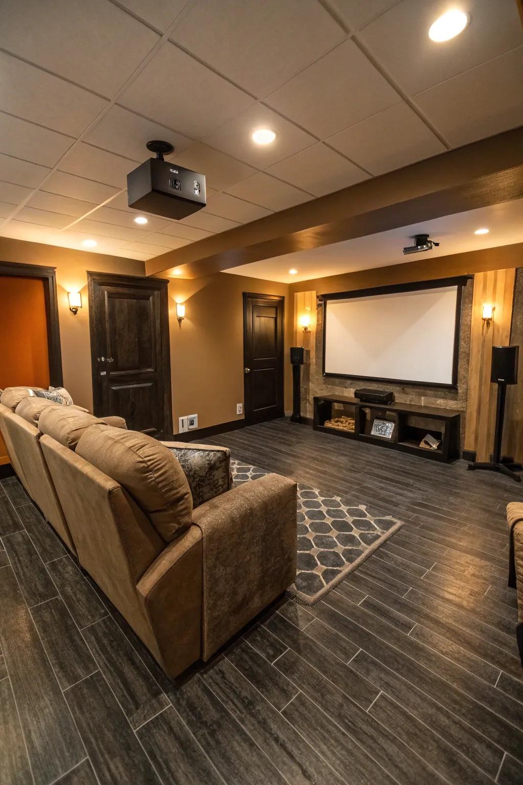 Dark-toned vinyl flooring creates a cozy atmosphere.