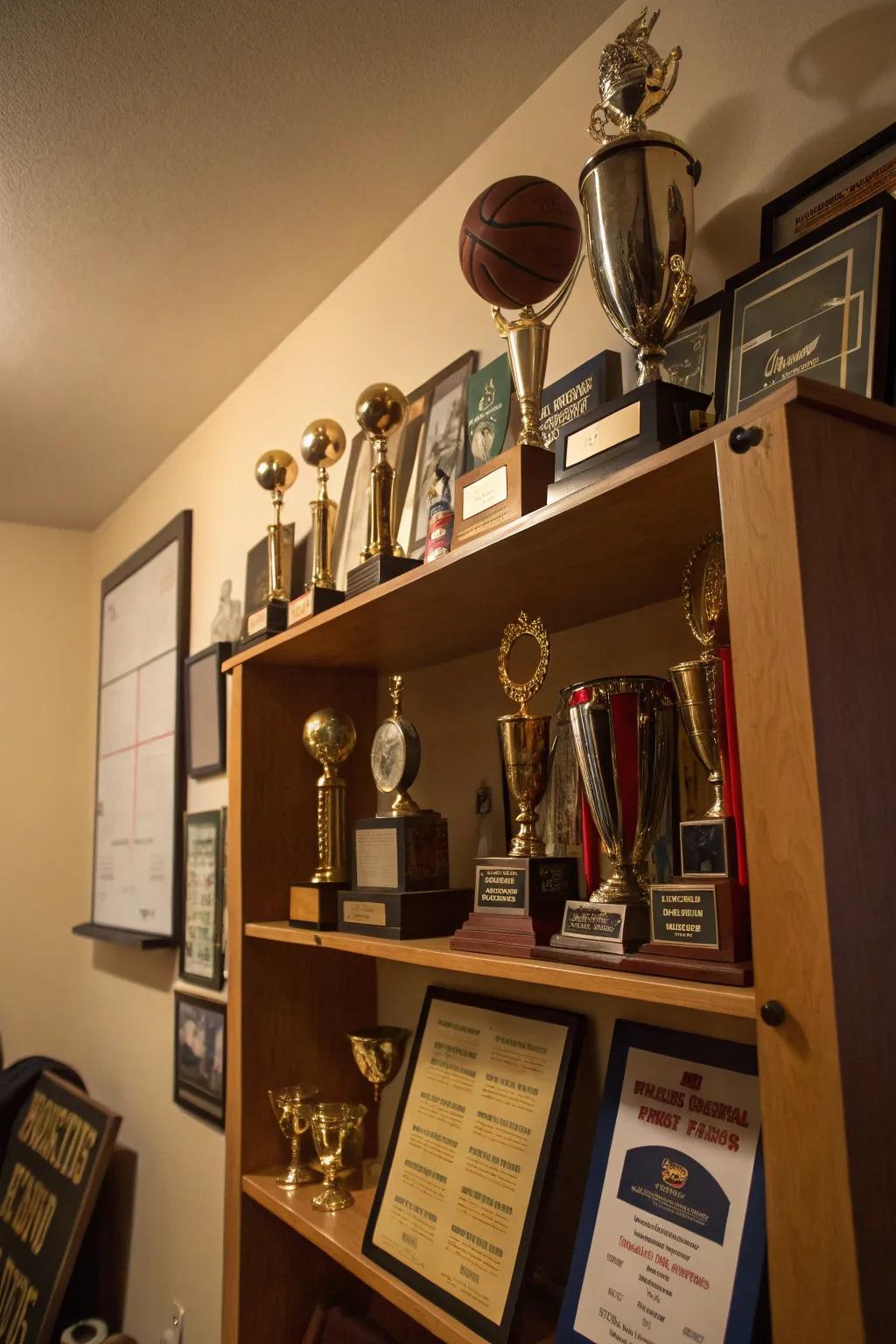 A trophy shelf celebrates individual achievements.