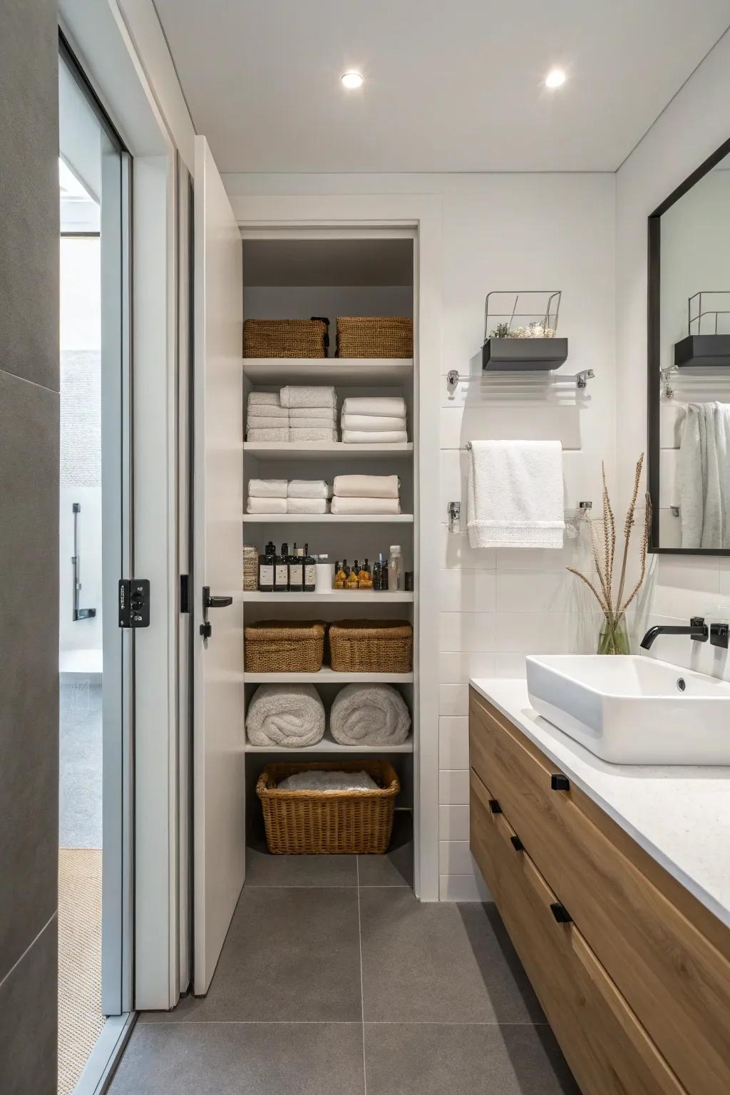 Visible shelving provides accessibility and a minimalist aesthetic.