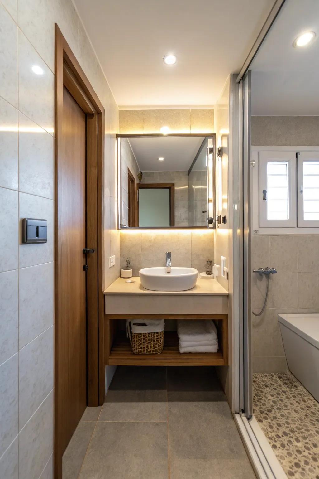Mirror dividers reflect light and create a sense of spaciousness.