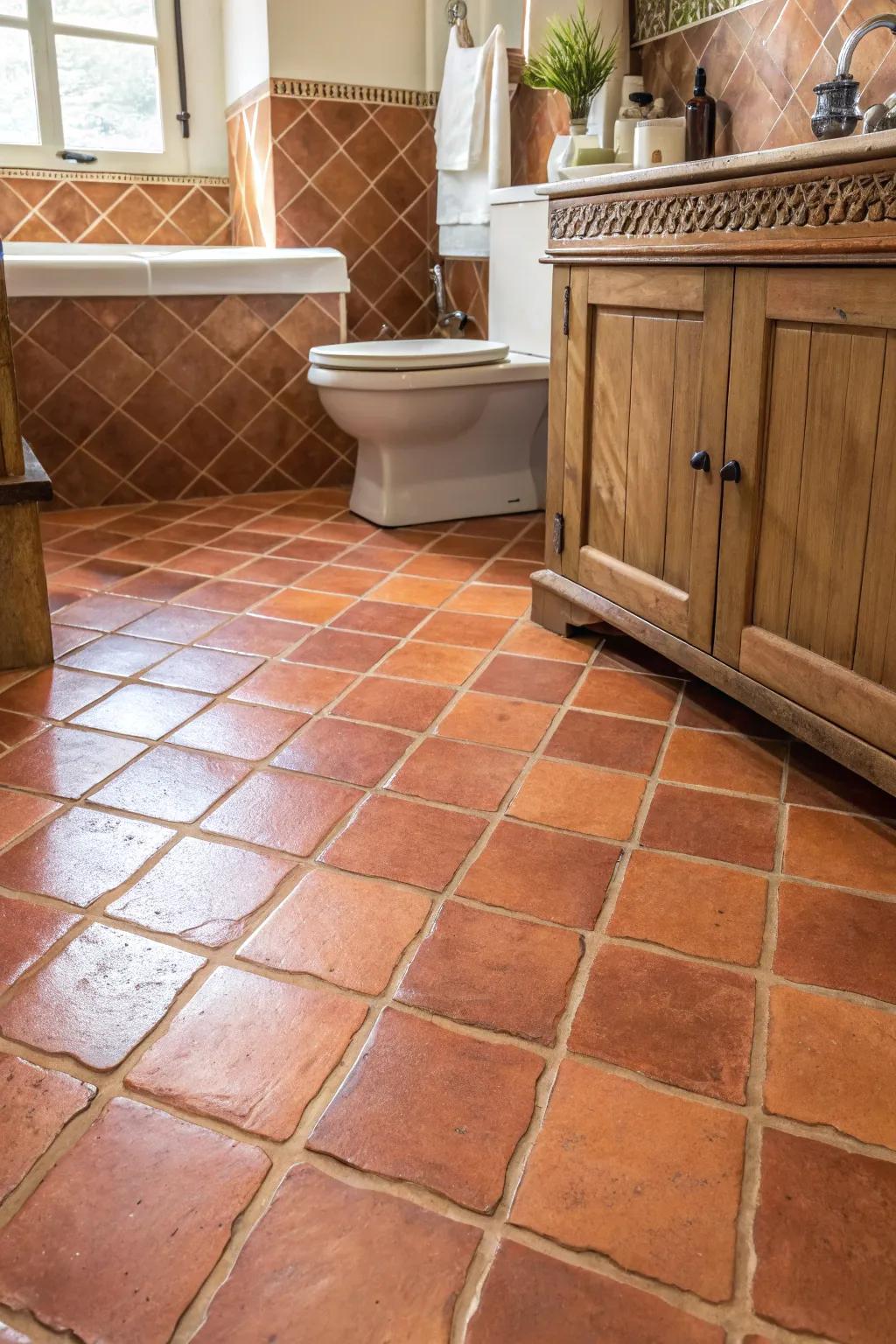 Terracotta tiling imparts balminess and allure to your restroom's expanse.
