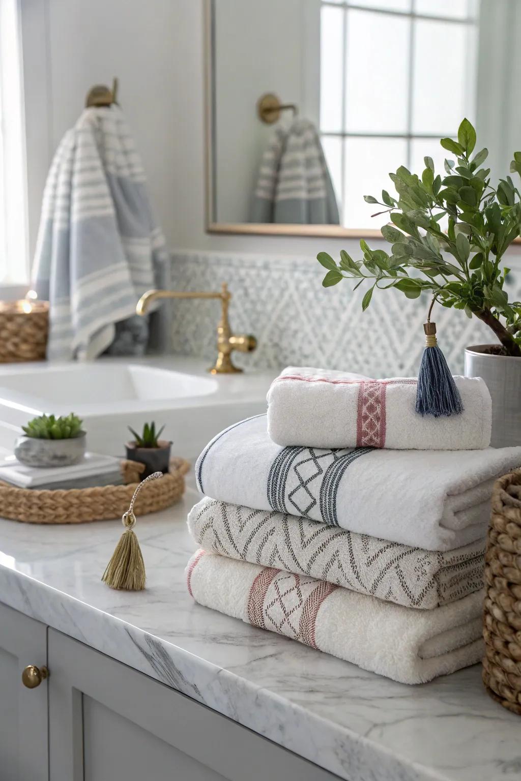 Layered towels with accessories create a stylish display.