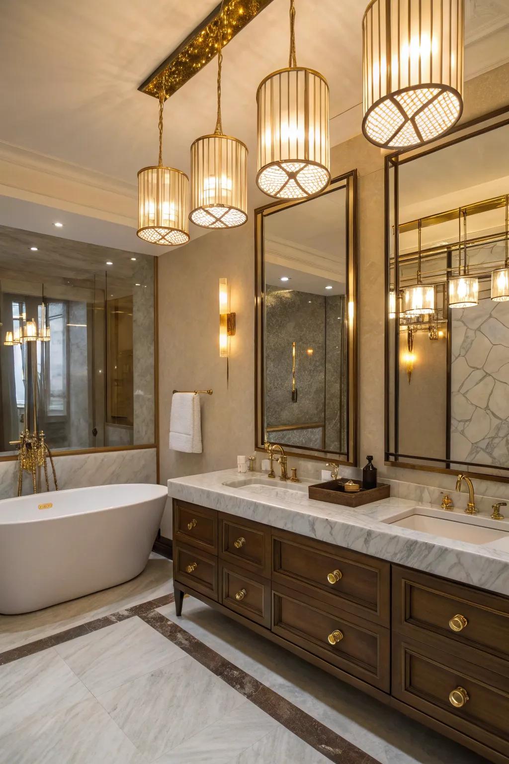 Copper accents add warmth and luxury to bathroom lighting.