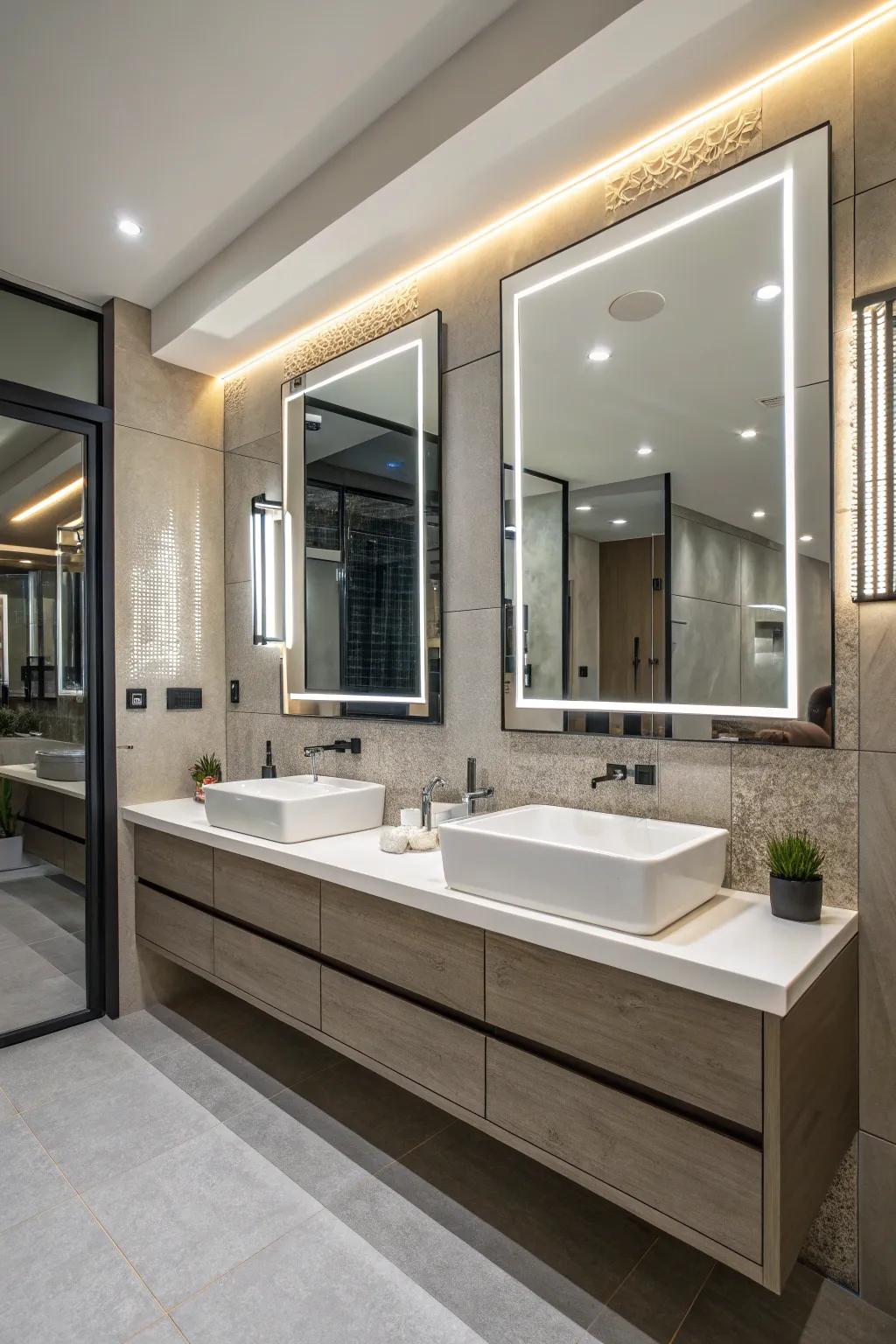 LED strips around mirrors ensure even lighting and a modern look.