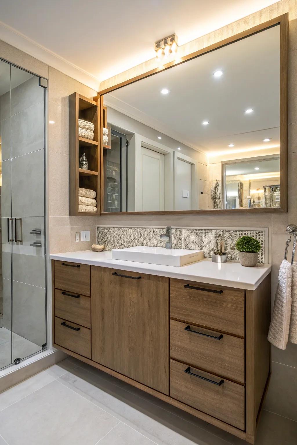 Mirrored cabinets offer storage and style.