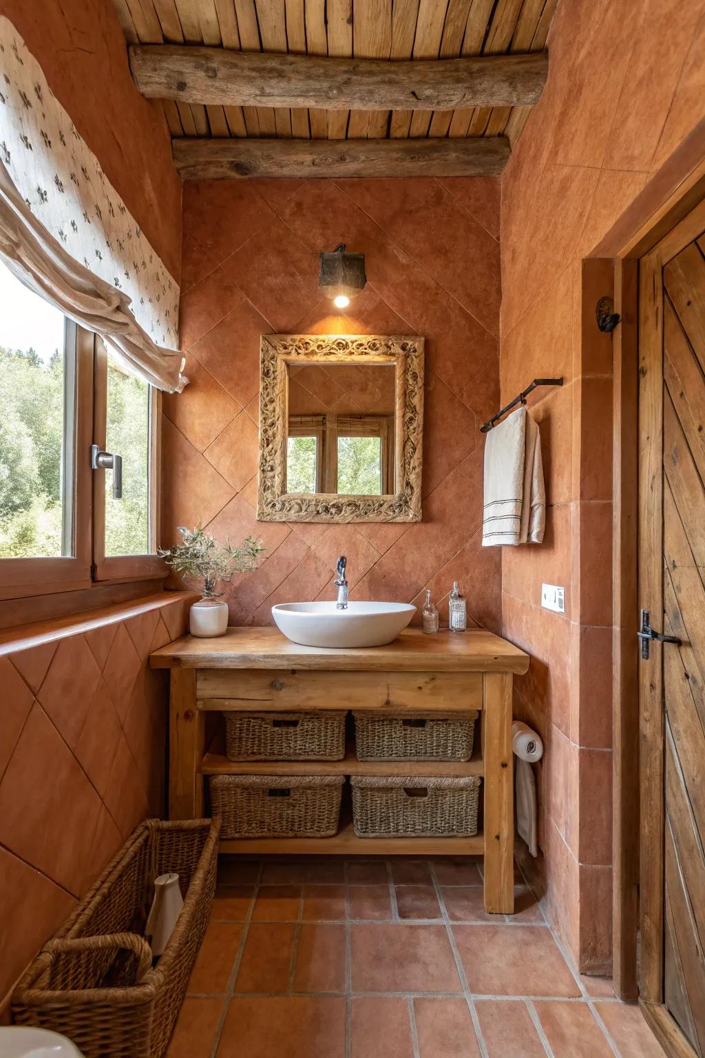 Clay walls bring warmth and country charm to the bathroom.