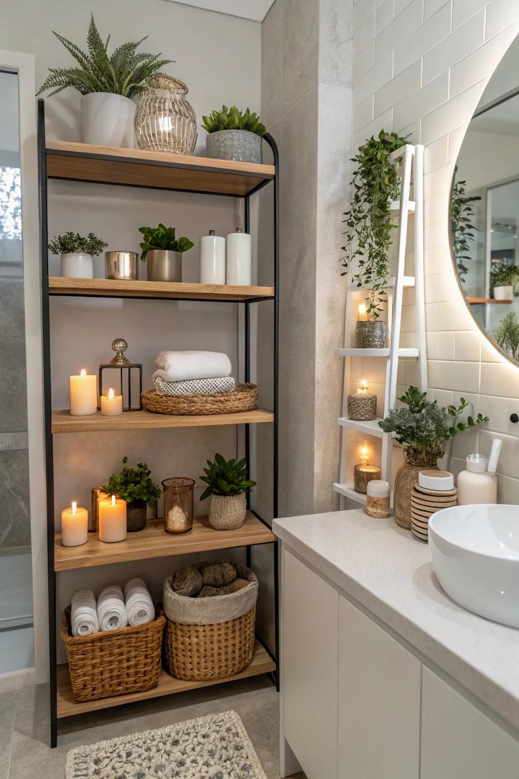 Shelves at different levels enhance visual appeal and maximize storage.