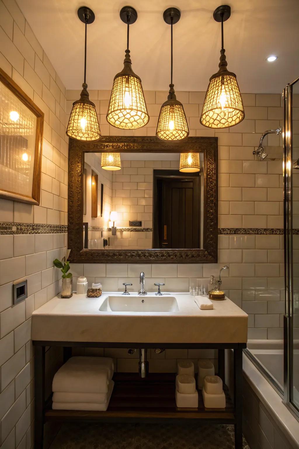 Statement lighting enhances bathroom ambiance.