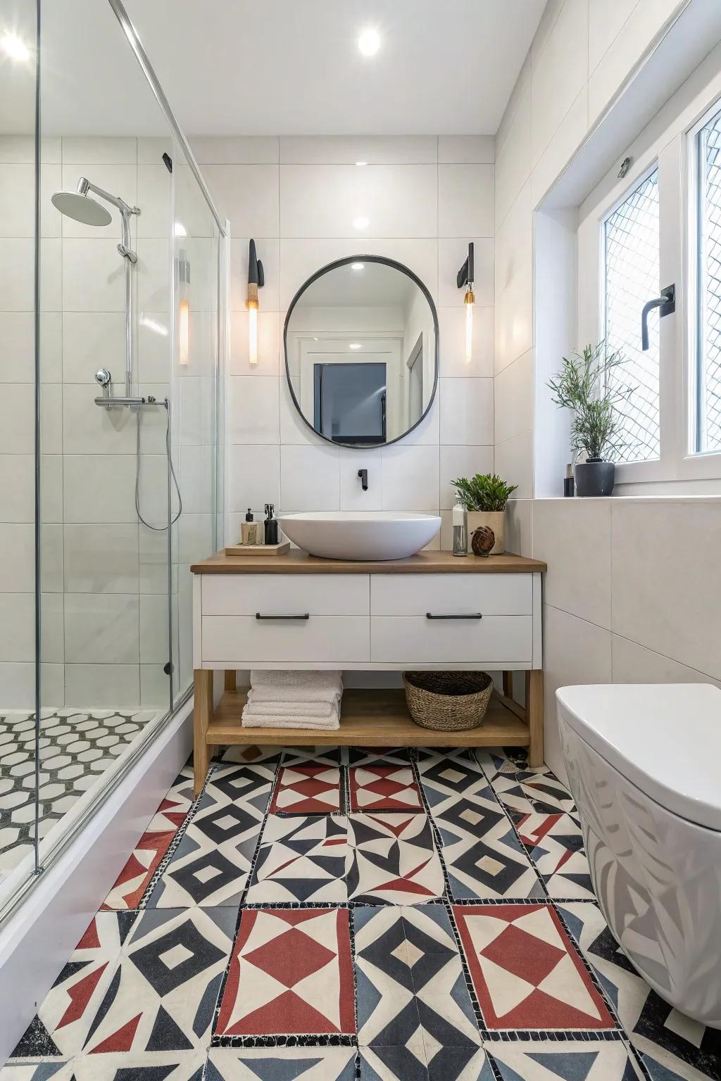 Geometric resilient flooring brings a bold, artistic flair to this bathroom.