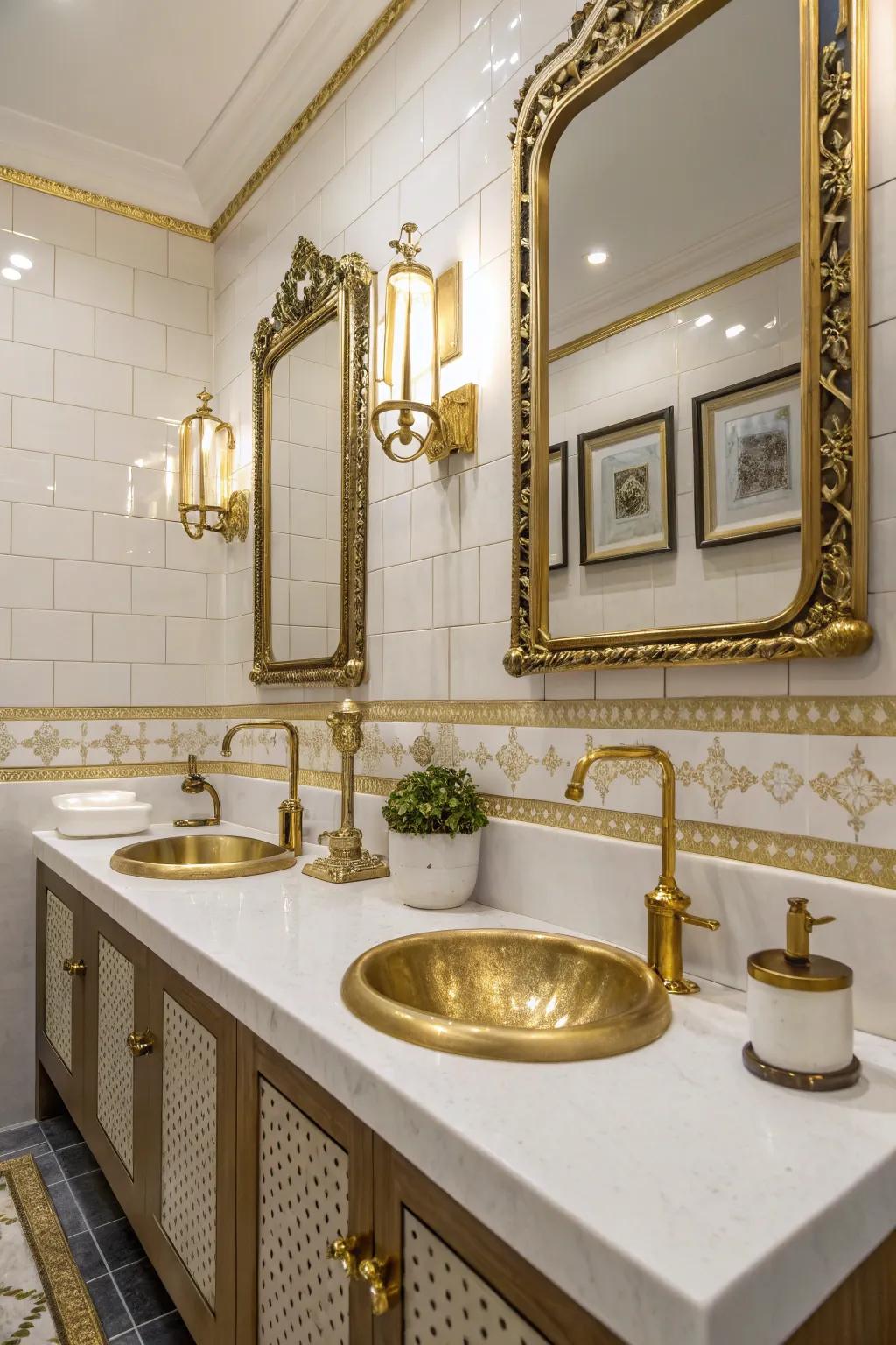 Gold and brass accents bring elegance to bathroom walls.