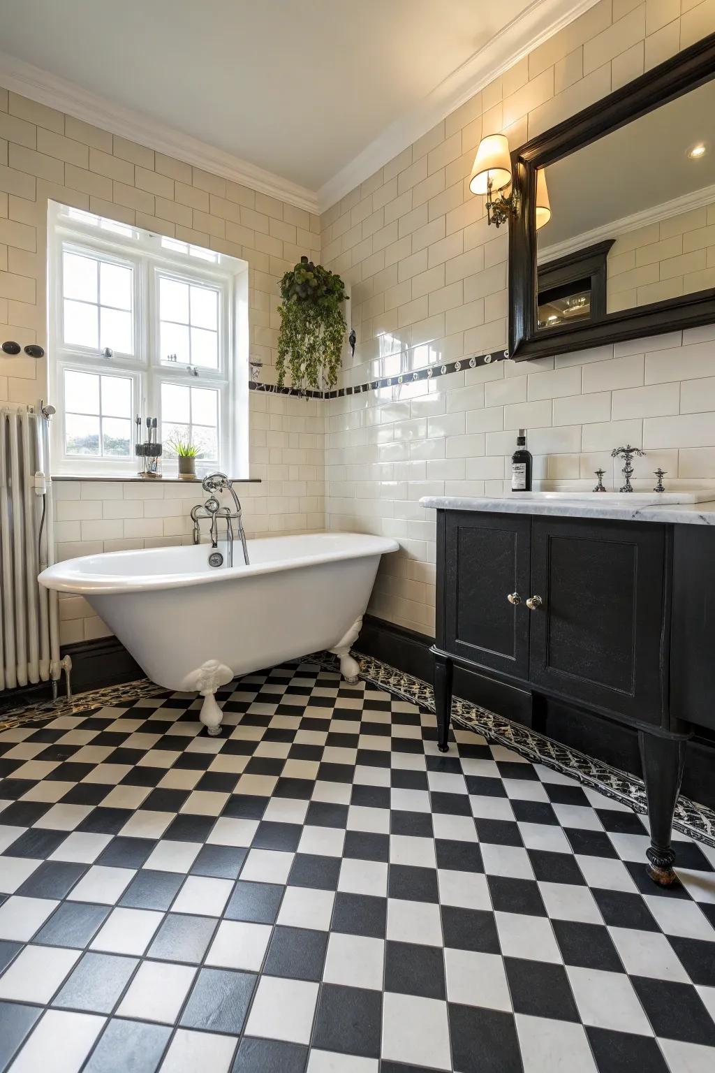 A checkerboard pattern adds timeless charm to this modern bathroom.