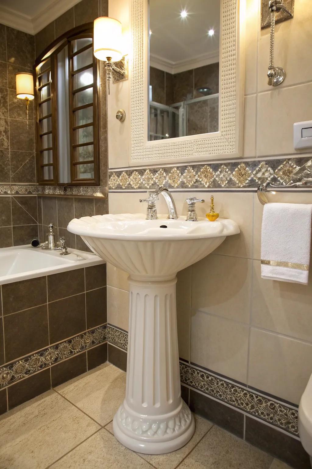 Create an impression using a sculptural pedestal sink.