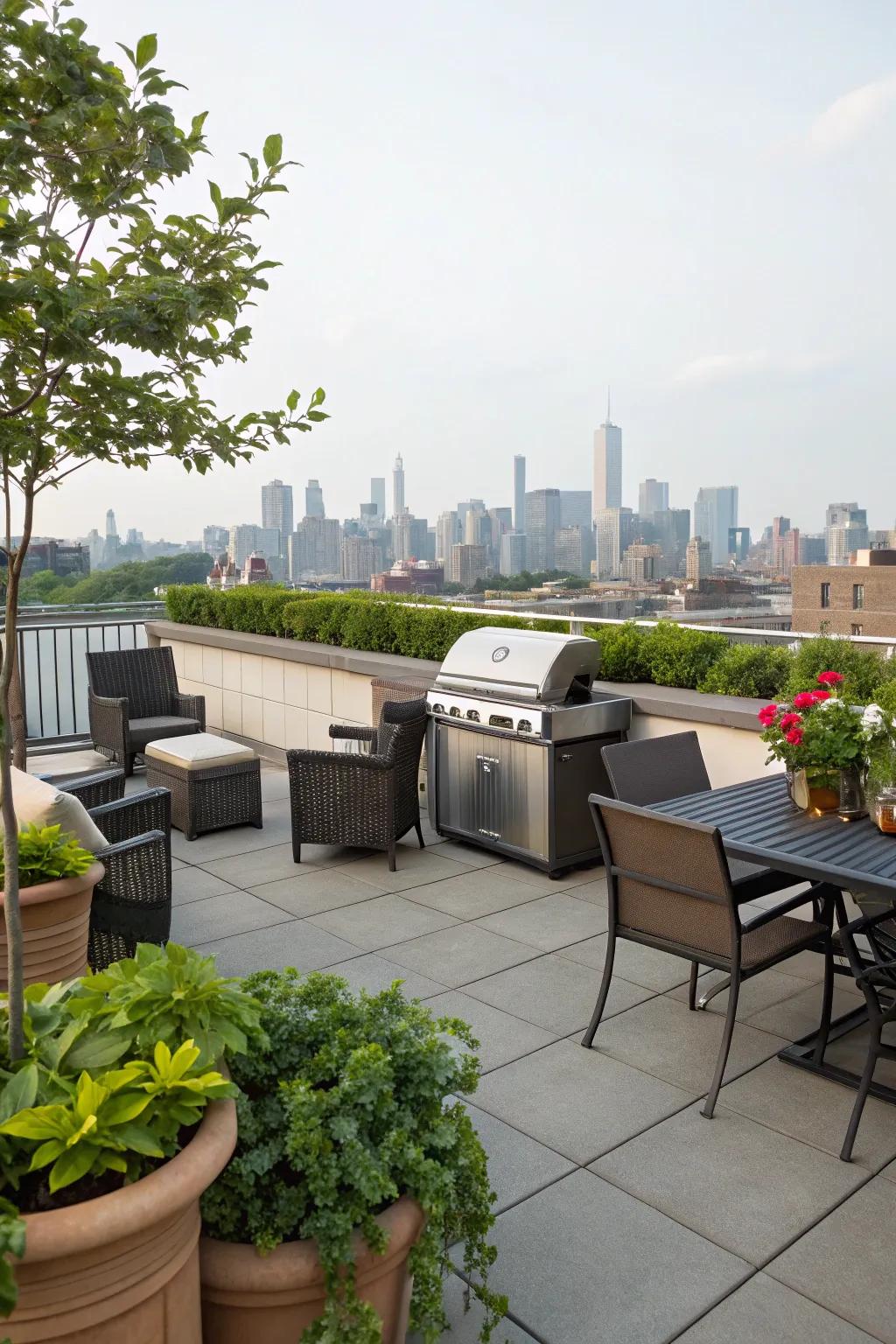 A rooftop BBQ area offers stunning views and a unique experience.