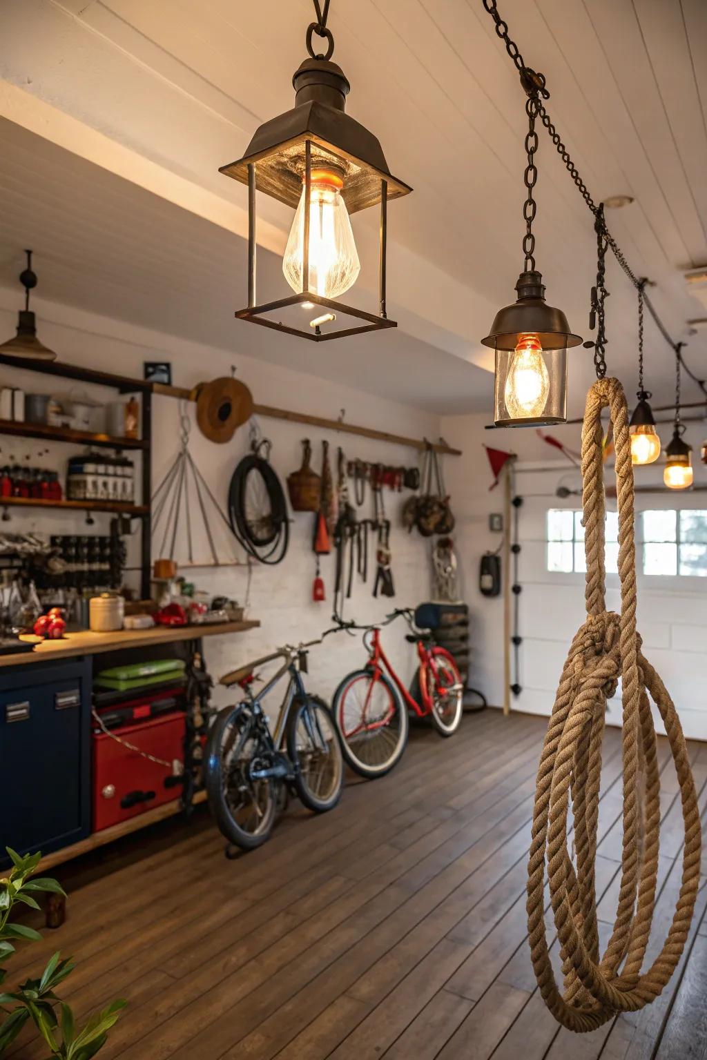 Maritime lights introduce allure and warmth to this garage.