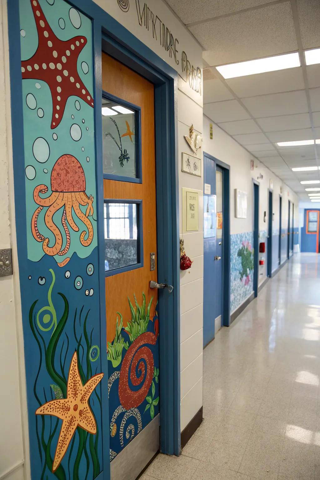 A marine creature expedition unfolding on a classroom door, teeming with various marine inhabitants.