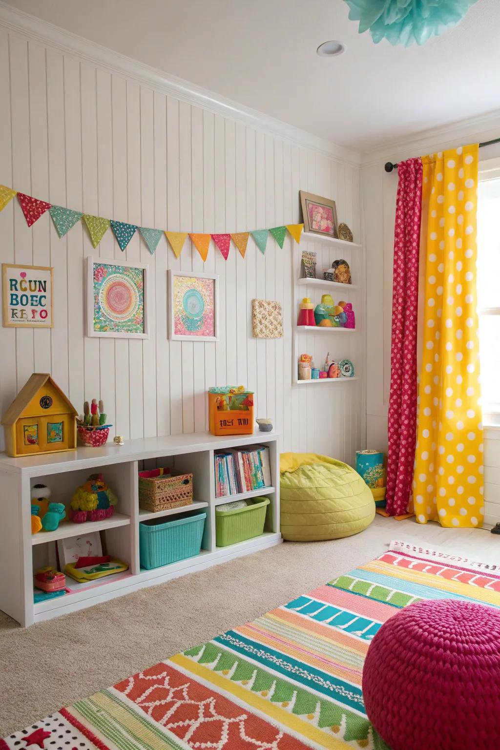 A creative kids' area with a beadboard feature wall.