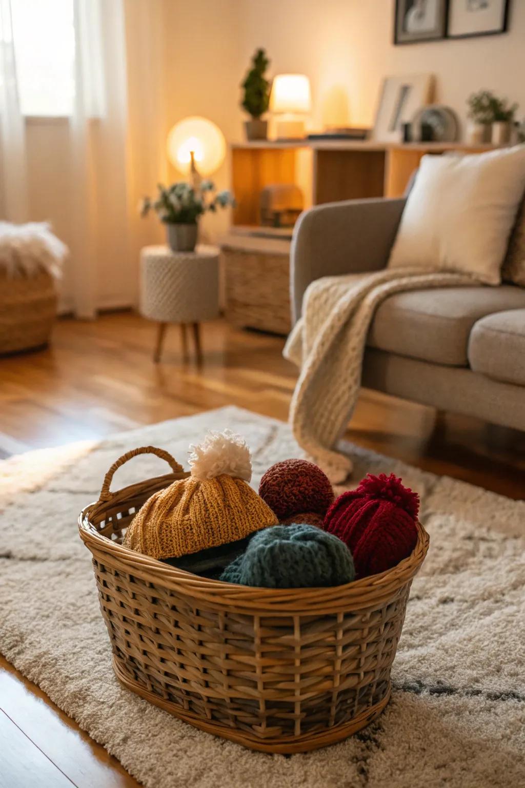 A woven basket adds a tactile element, transforming your beanie display into a cozy haven.