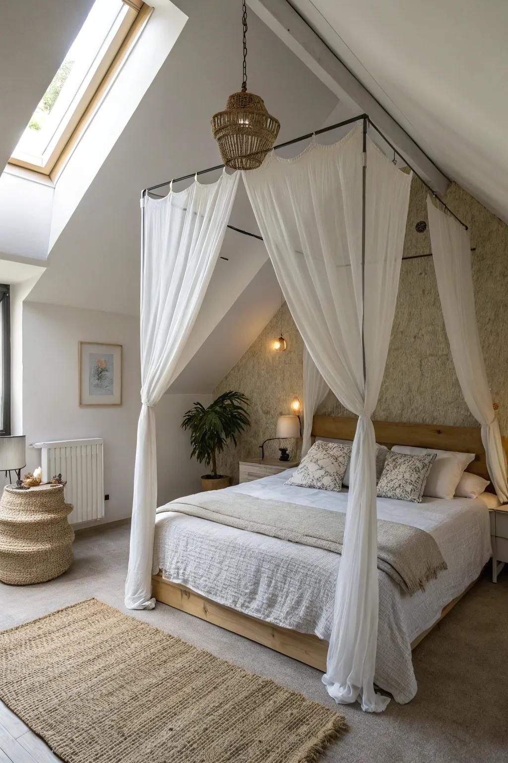 A white canopy underscores minimalist elegance and calm.