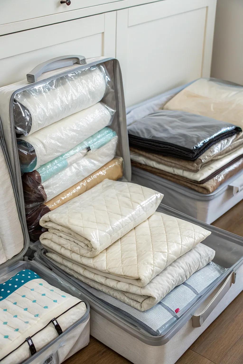 Vacuum-sealed bags save area and protect your sheets.