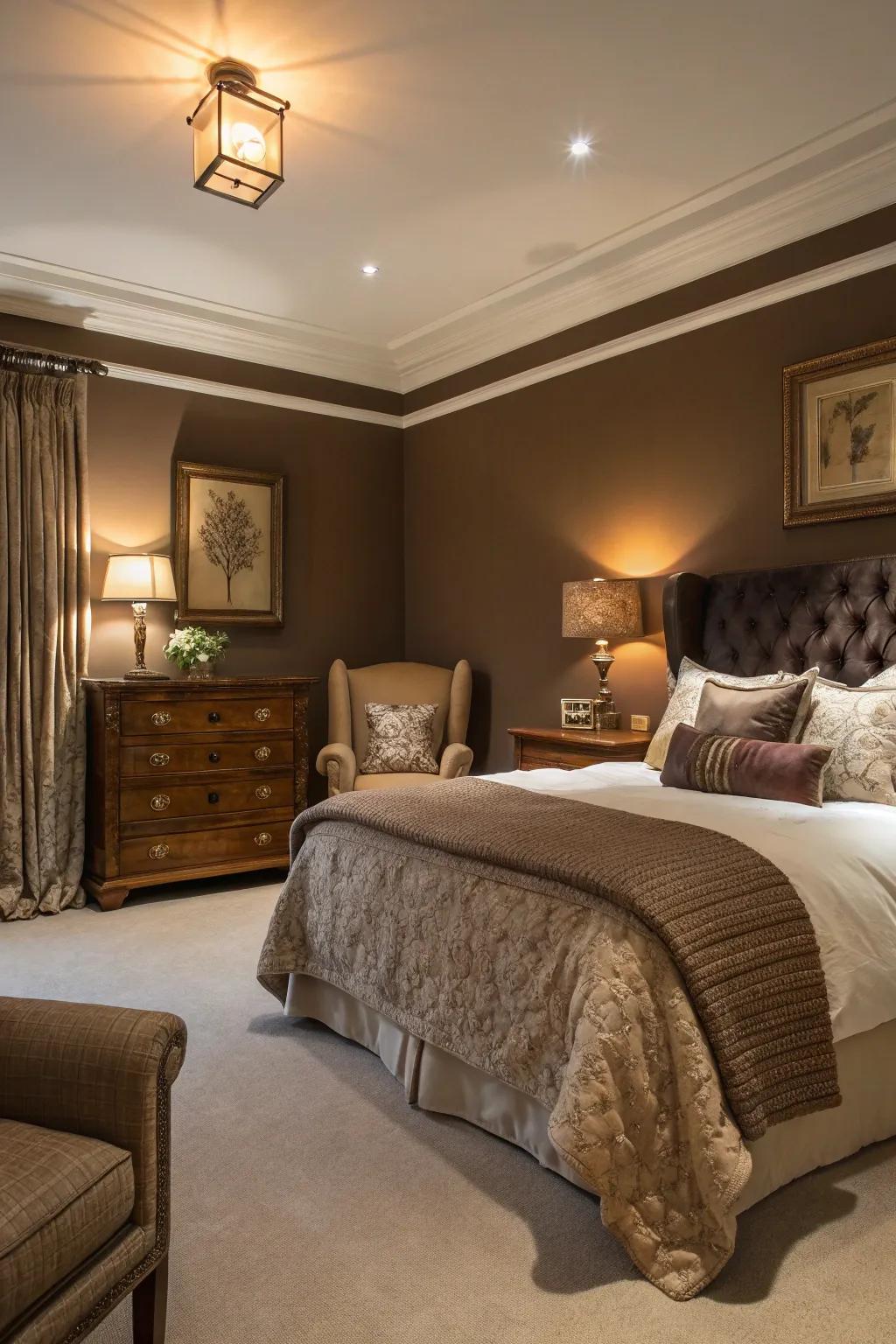 Lush chocolate tones fashion a luxurious and personal bedroom setting.