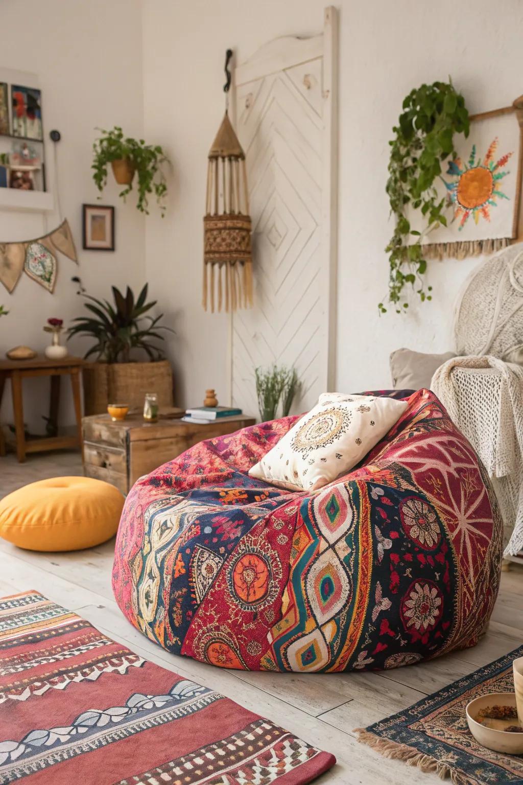 A boho chic bag chair in a bedroom, introducing casual comfort.