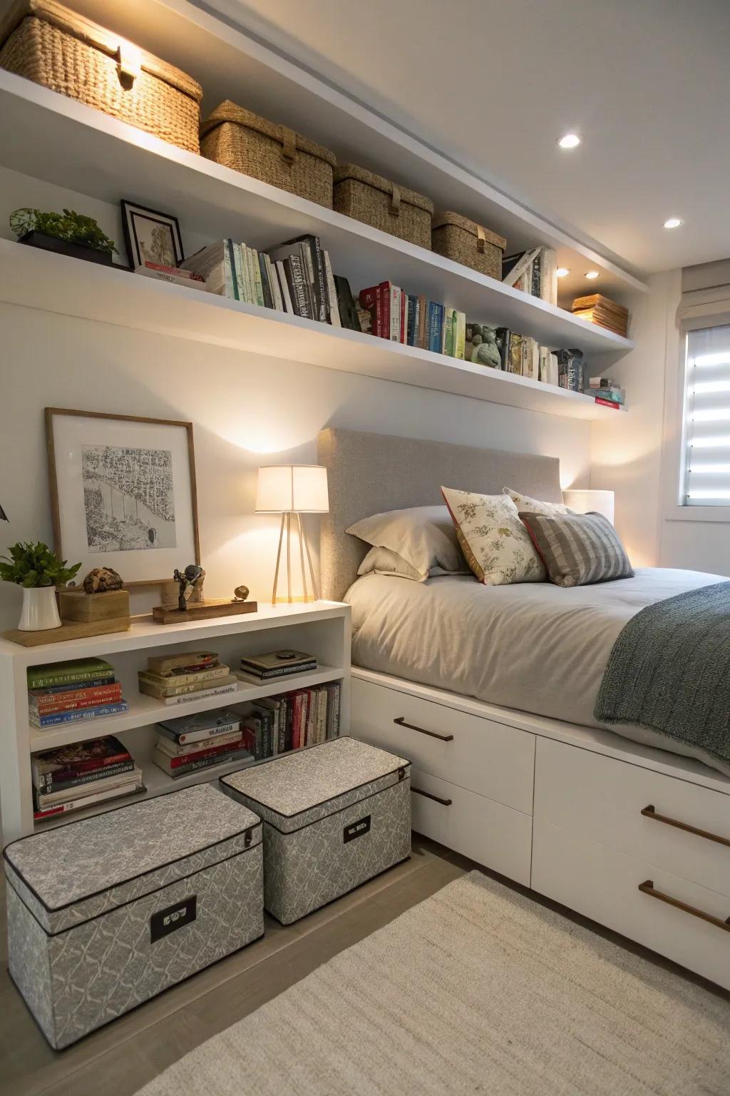 Creative storage solutions assist in maintaining a clutter-free bedroom.