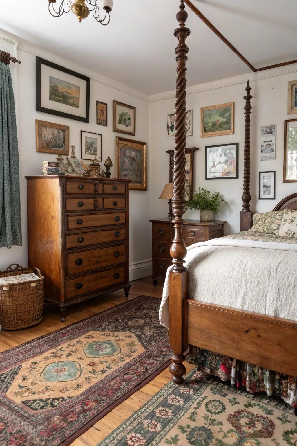 Vintage discoveries append character and uniqueness to this bedroom.