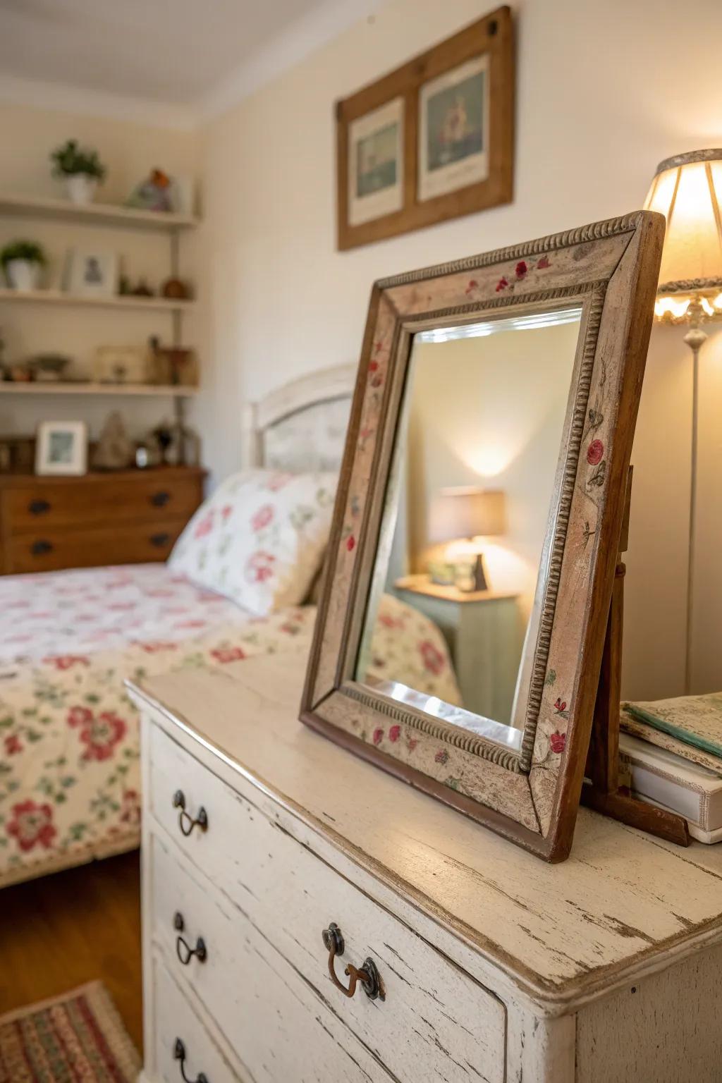 A vintage mirror lends timeless charm and character to the bedroom.