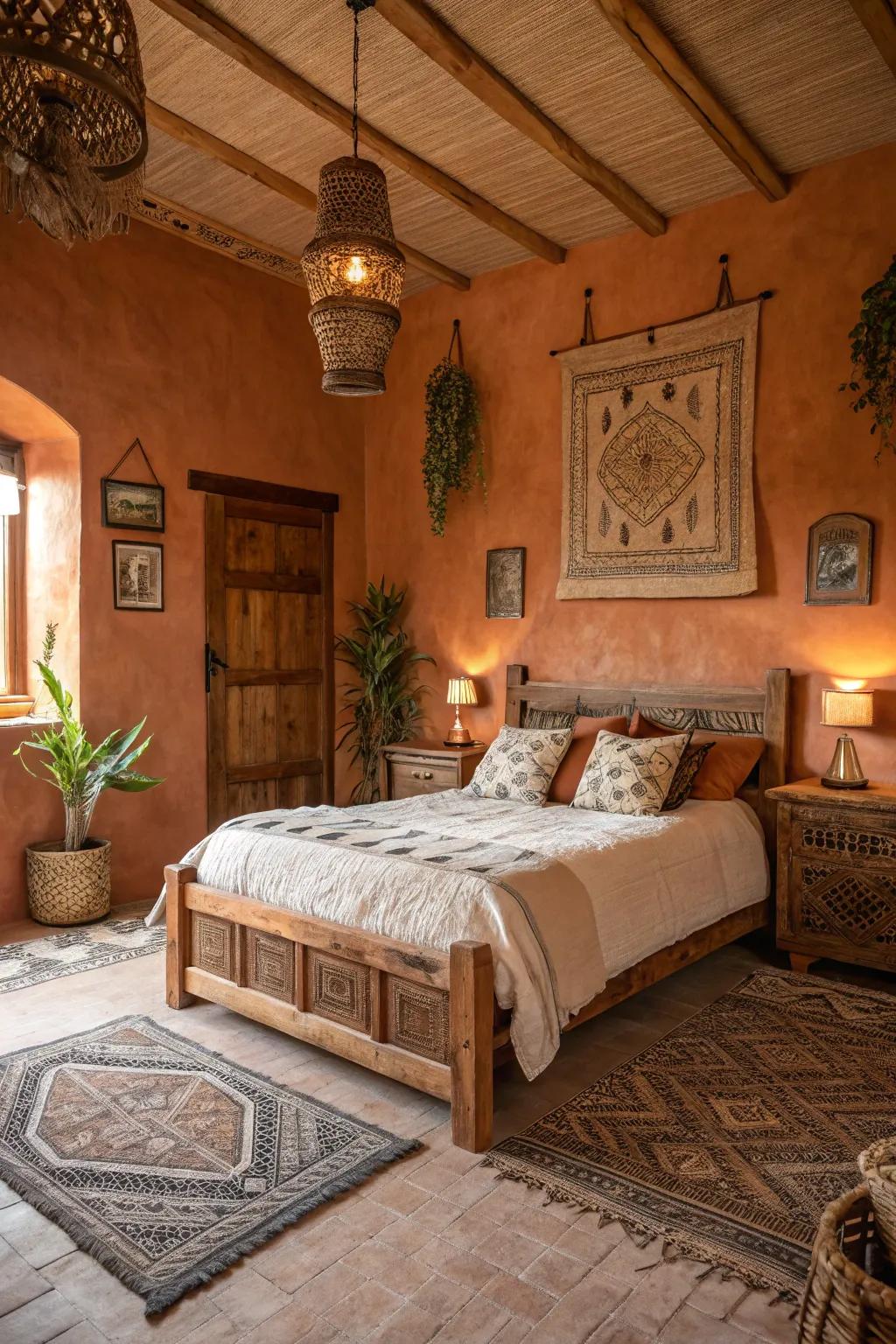 Experience the cozy warmth of clay earth walls in this inviting bedroom setting.