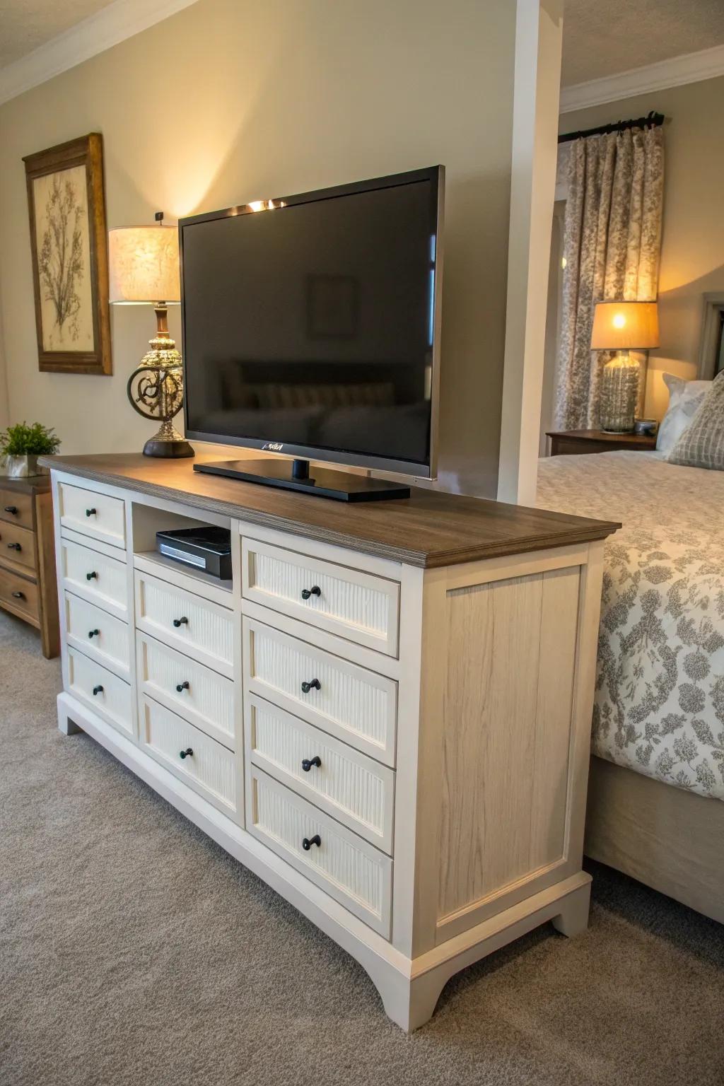 Chest of drawers media centers offer dual functionality.