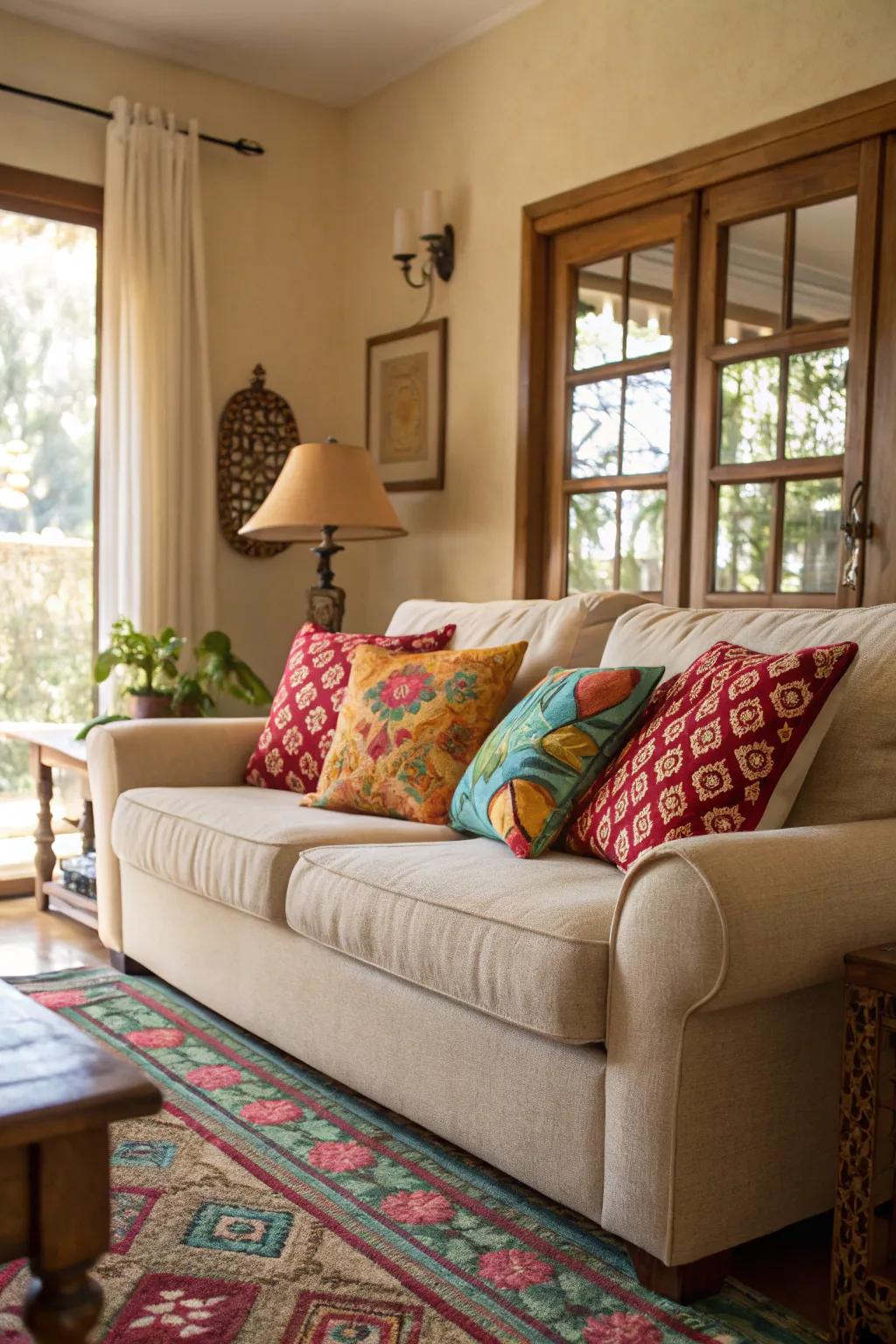 Bright cushions add a playful splash of tone to a wheat-toned sofa living space.