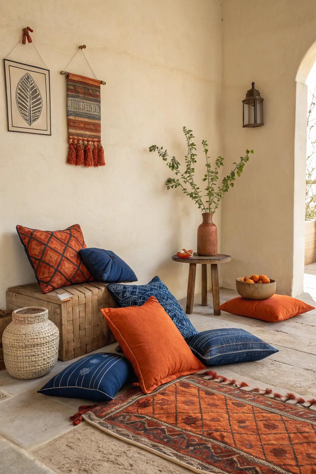 Vivid hues forge an exhilarating contrast within this beige interior.