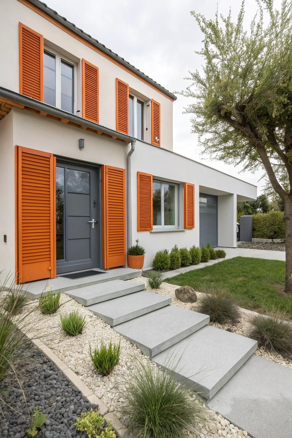 An energetic, modern impression is created through vibrant tangerine and muted gray.