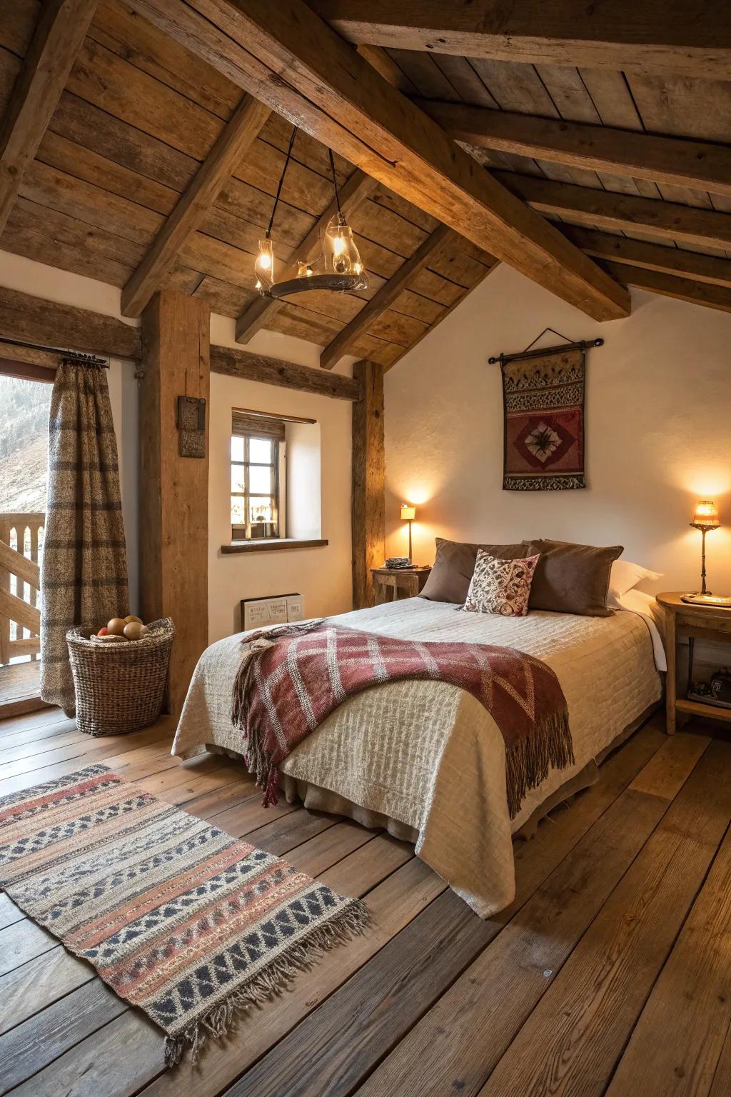 Quaint rustic bedroom featuring upcycled wood floors